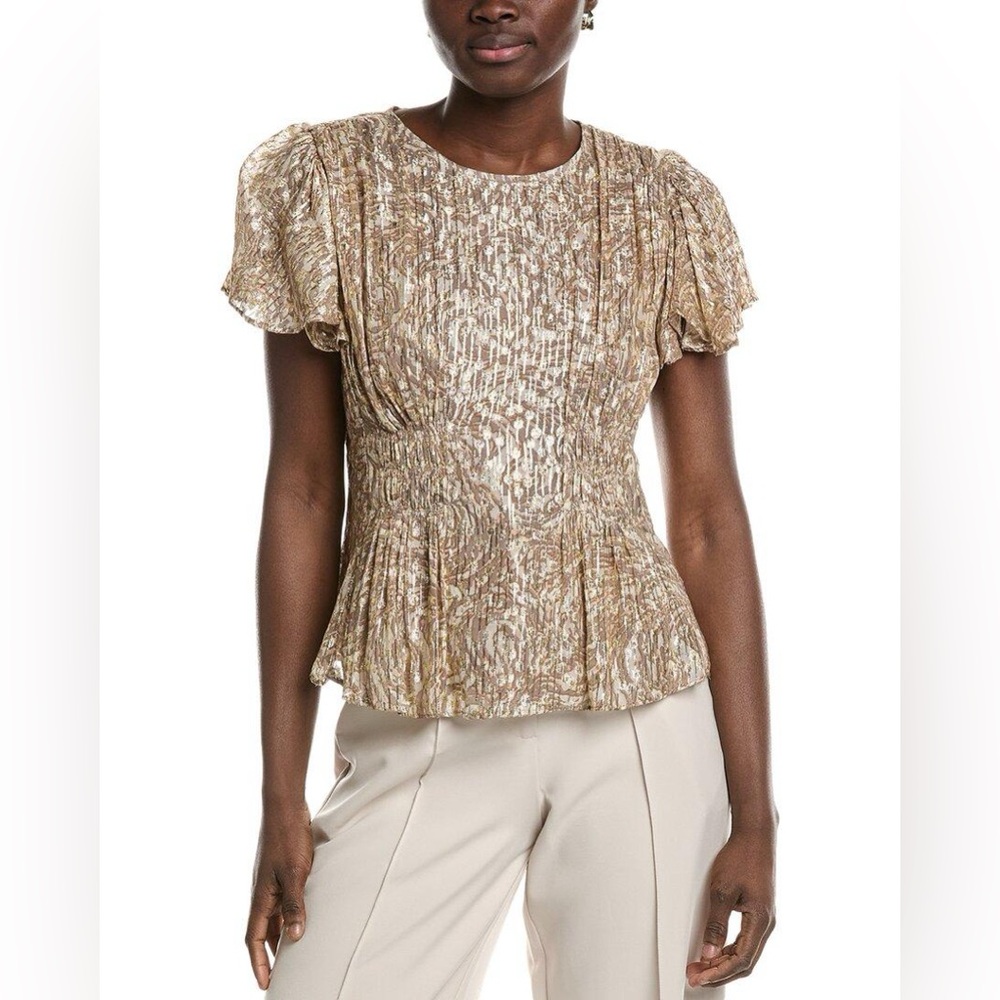 Parker Silk Gold Foil Flutter Sleeve Blouse Top Shirt Size XXS 1059